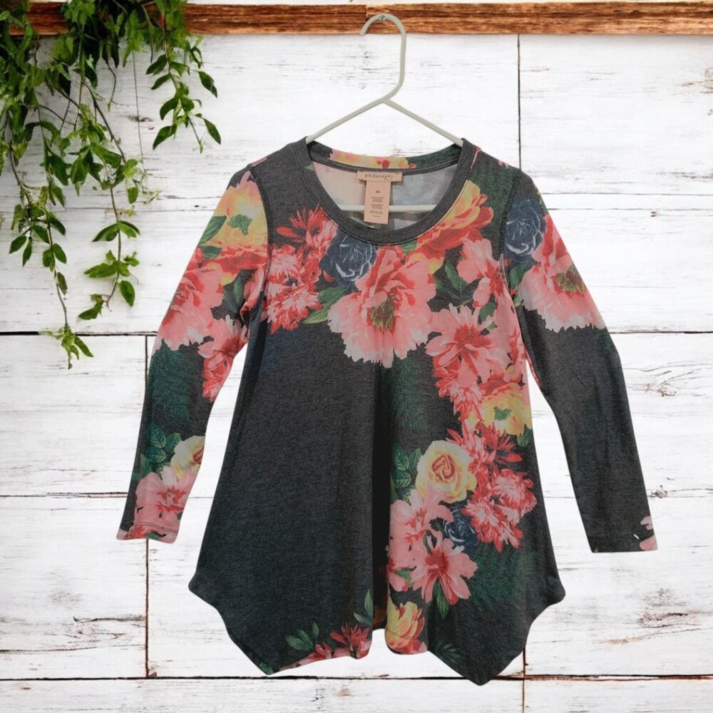 Philosophy Tunic Scoop Neck Grey-pink Floral Print Knit Asymmetric Hem Sz S